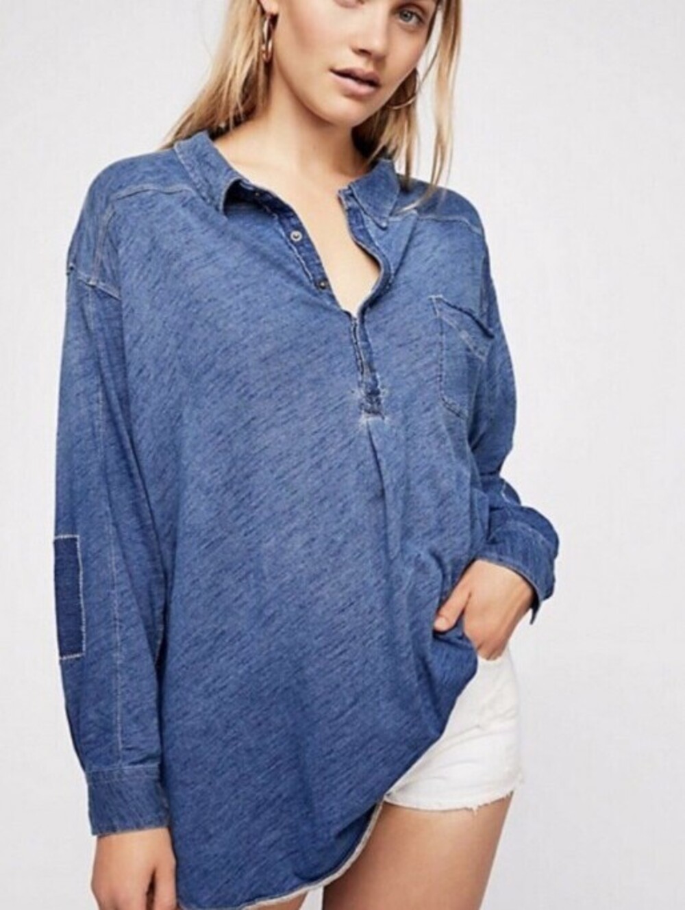We The Free Oversized Blue 100% Cotton Love This Henley Top - Size - Small
